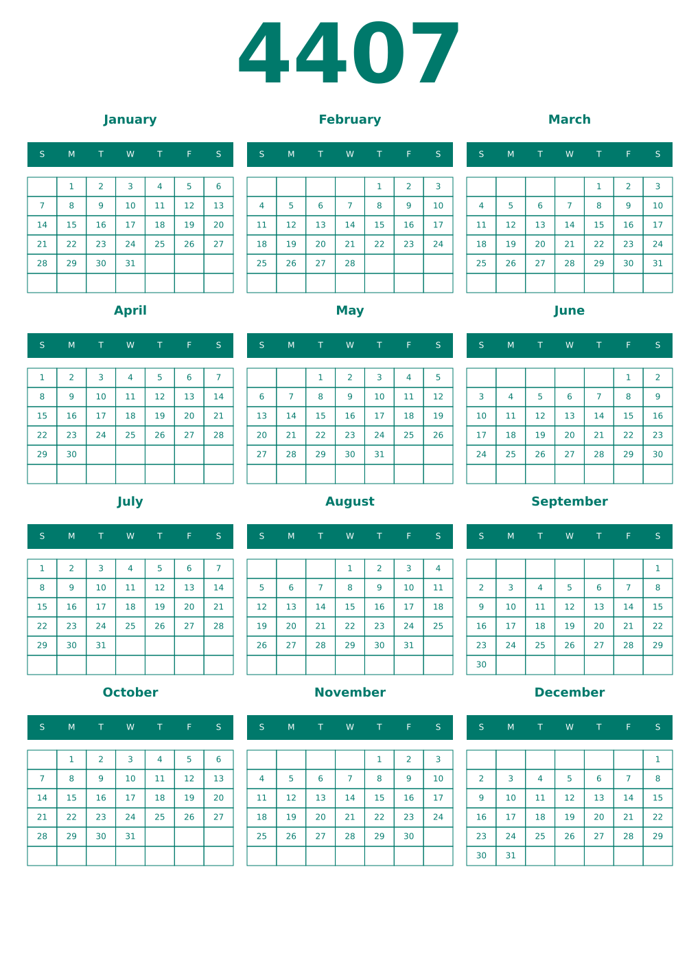 Printable 4407 Year Calendars pastel