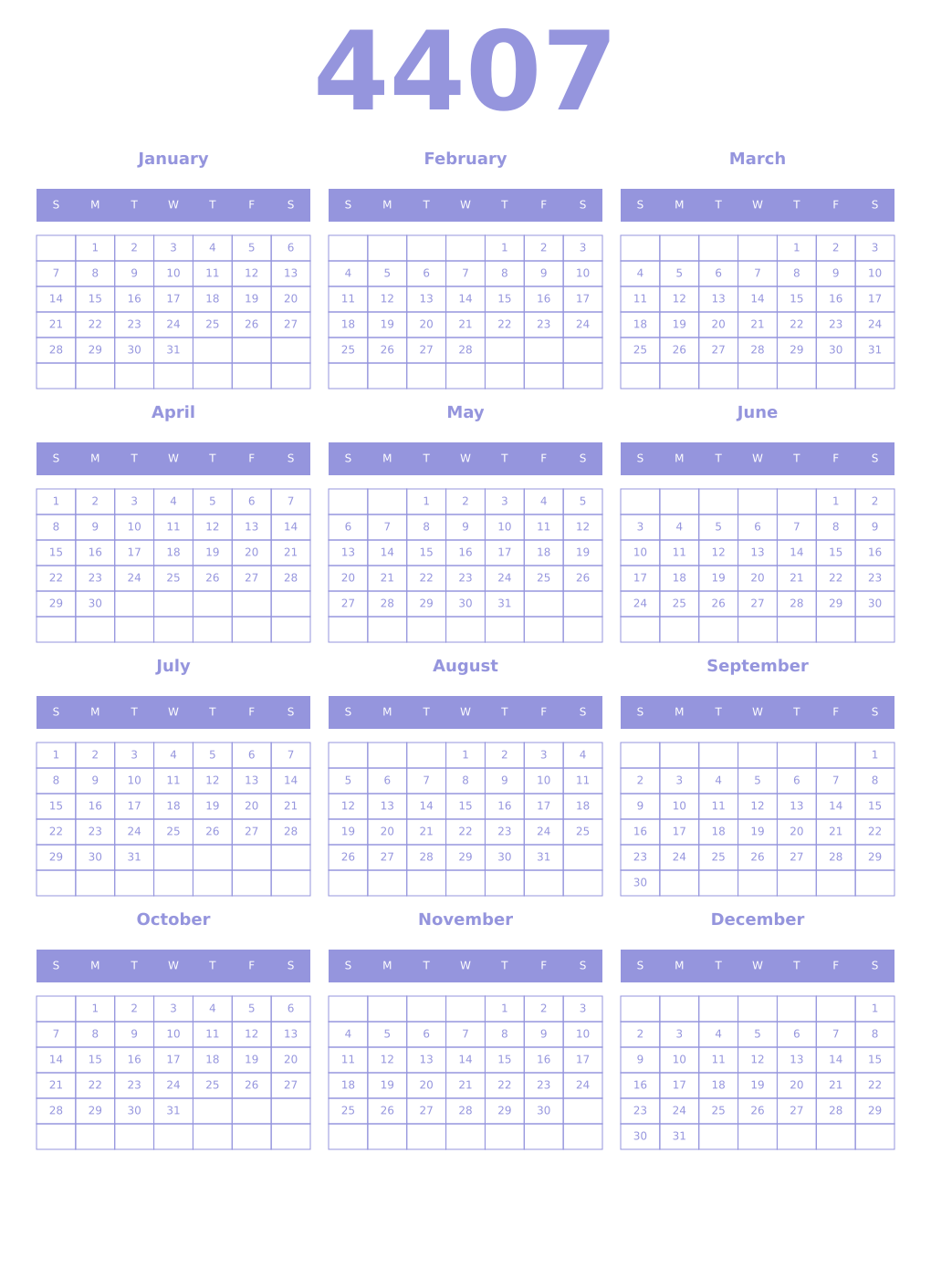 Printable 4407 Year Calendars periwinkle