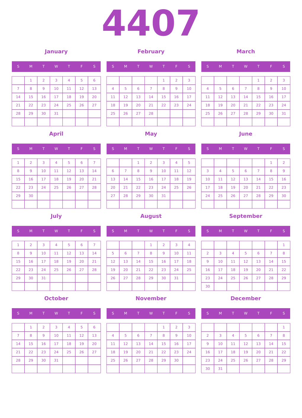 Printable 4407 Year Calendars purple