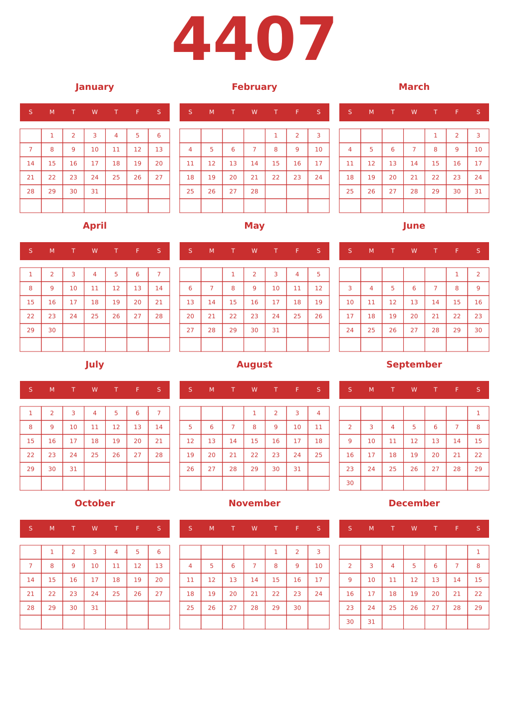 Printable 4407 Year Calendars red