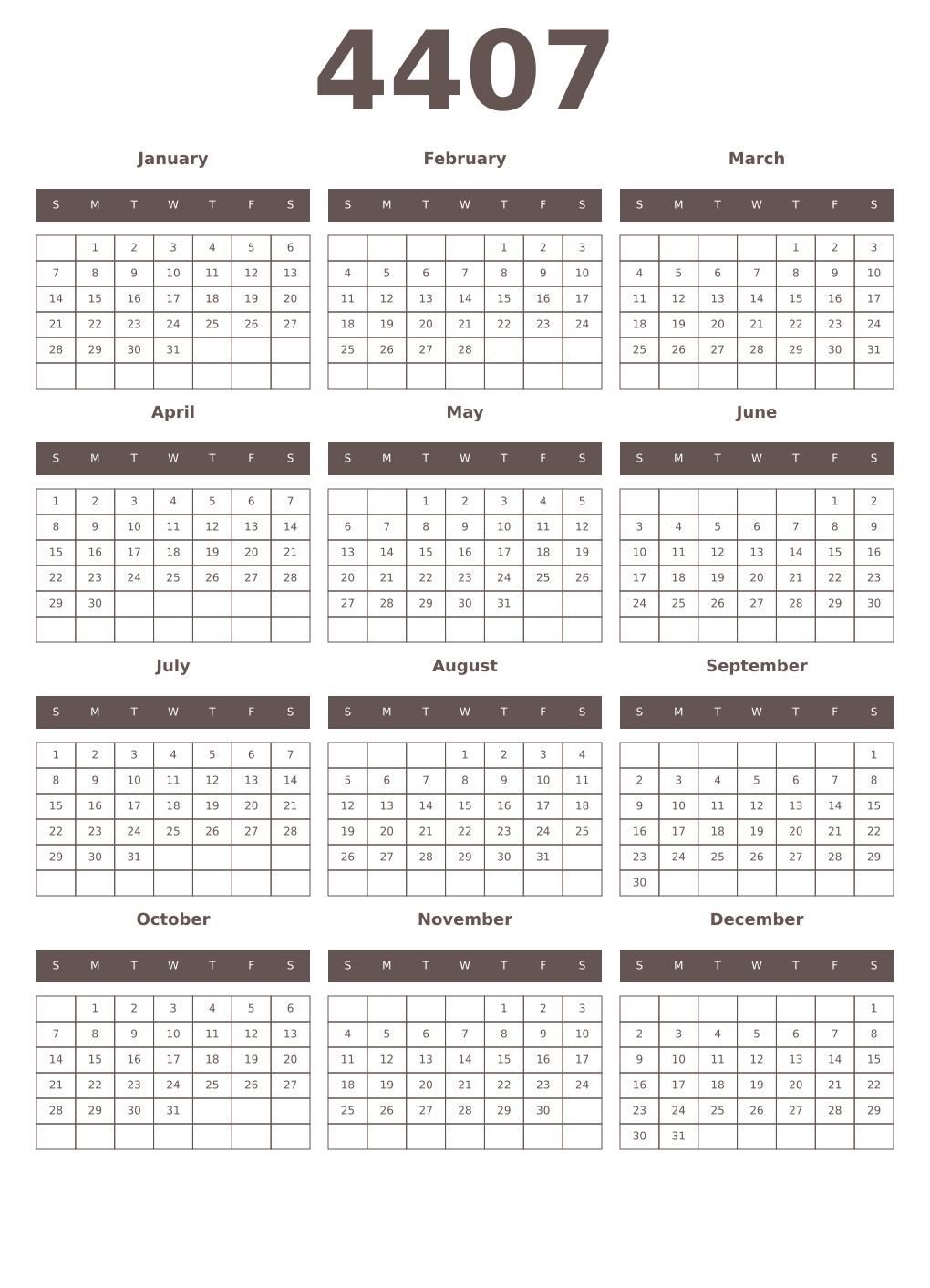 Printable 4407 Year Calendars wenge