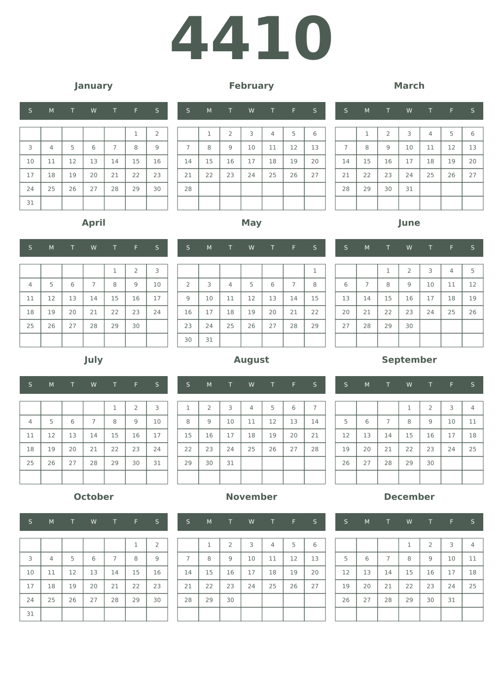 Printable 4410 Year Calendars feldgrau