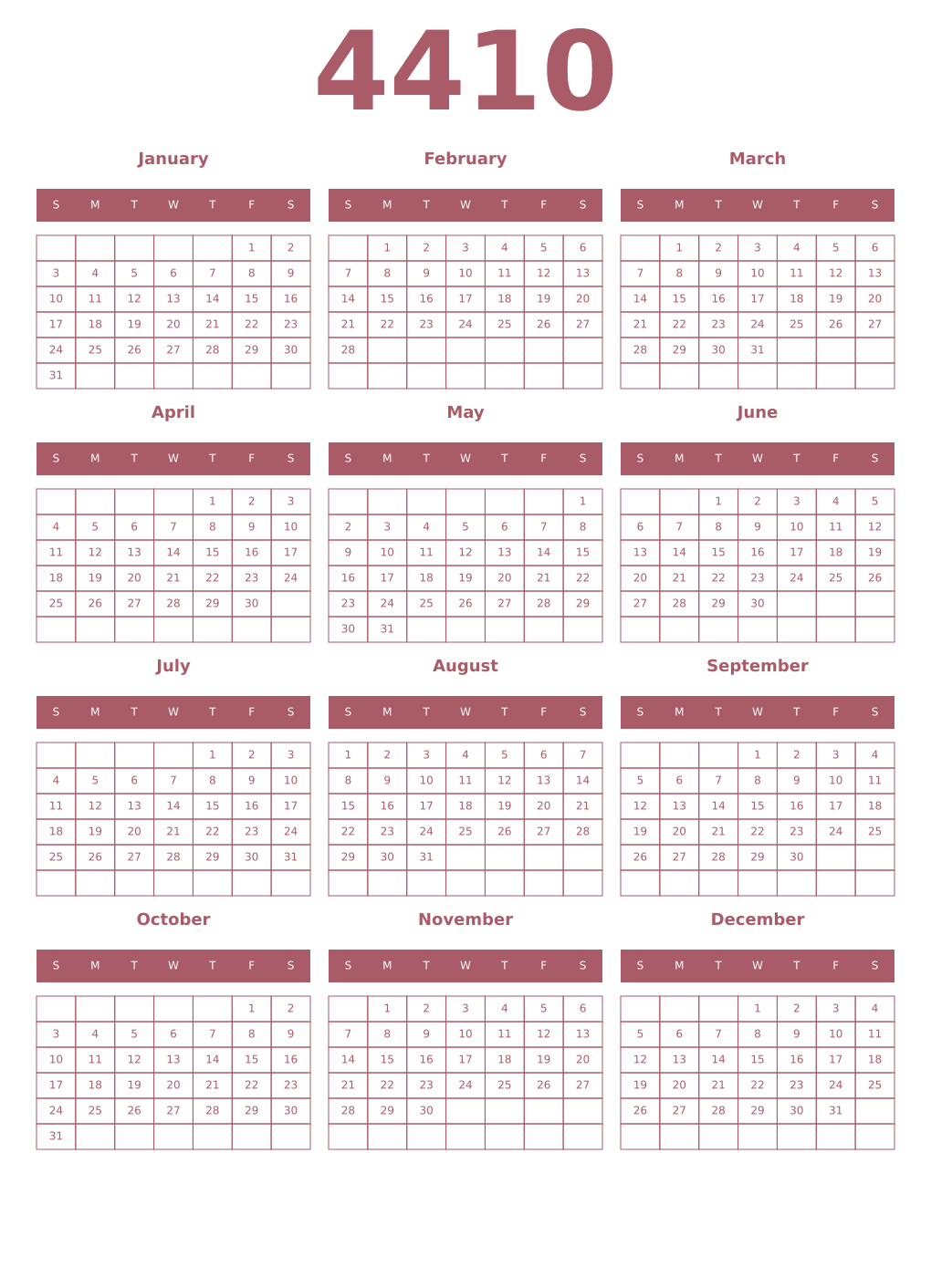 Printable 4410 Year Calendars puce