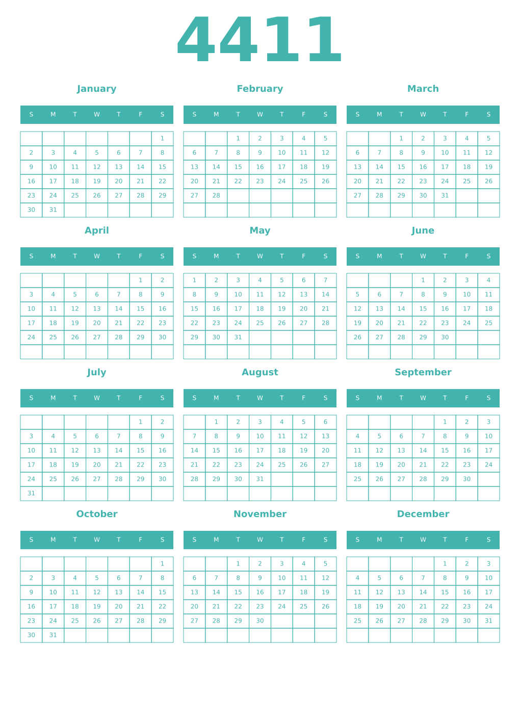 Printable 4411 Year Calendars verdigris