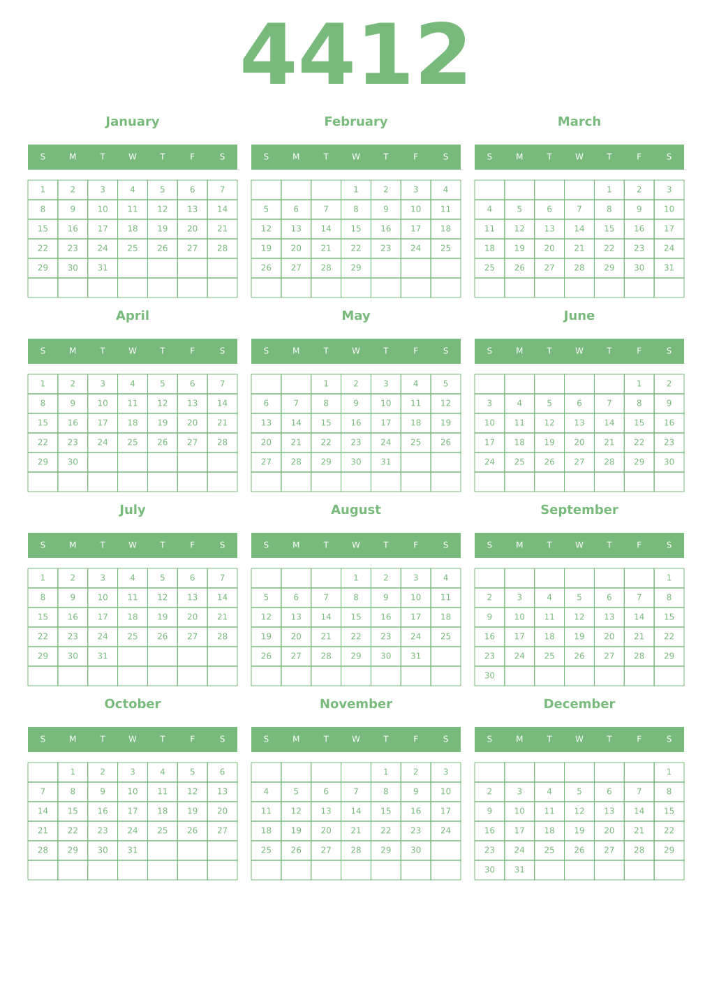 Printable 4412 Year Calendars celadon