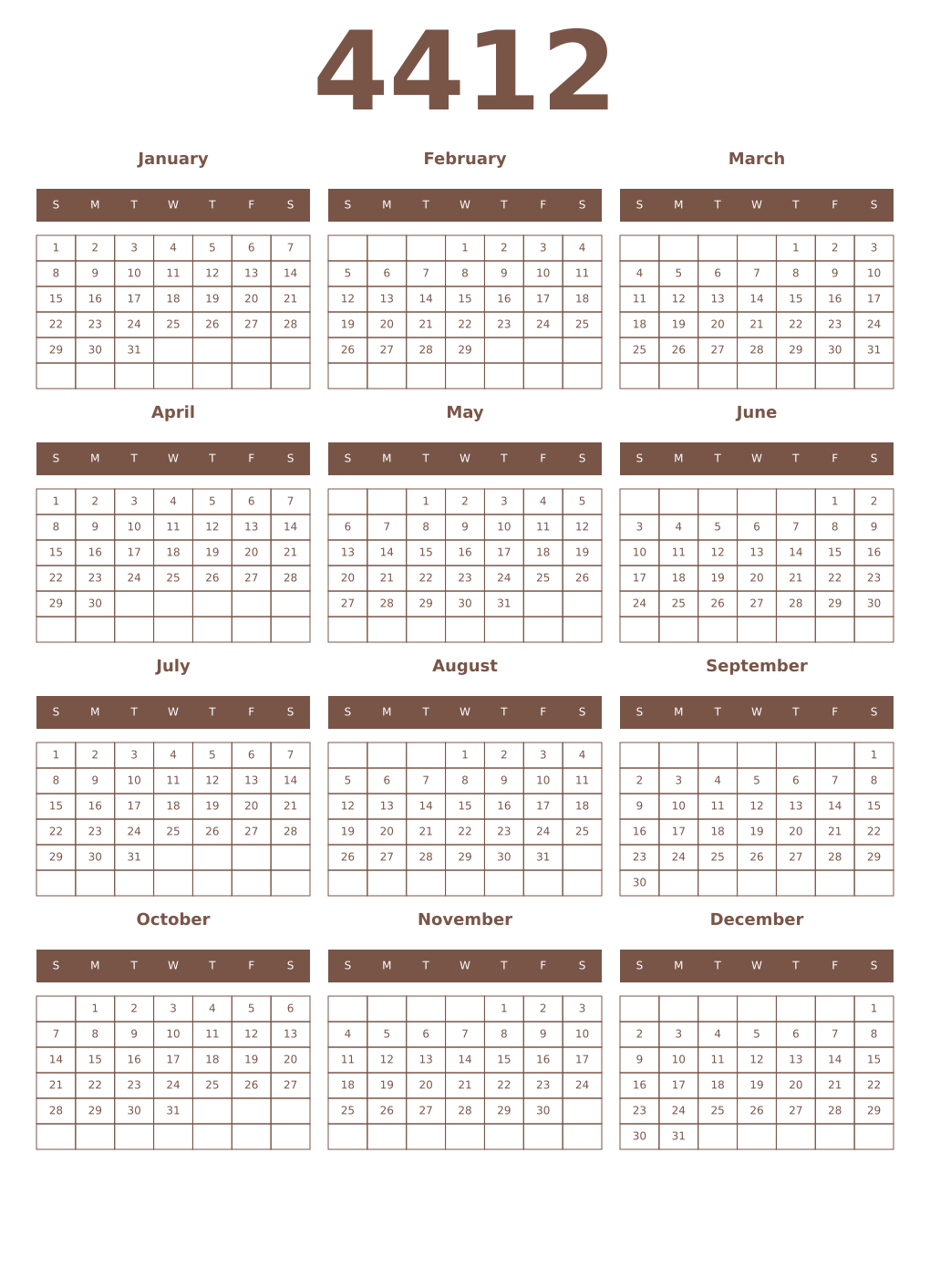 Printable 4412 Year Calendars coffe