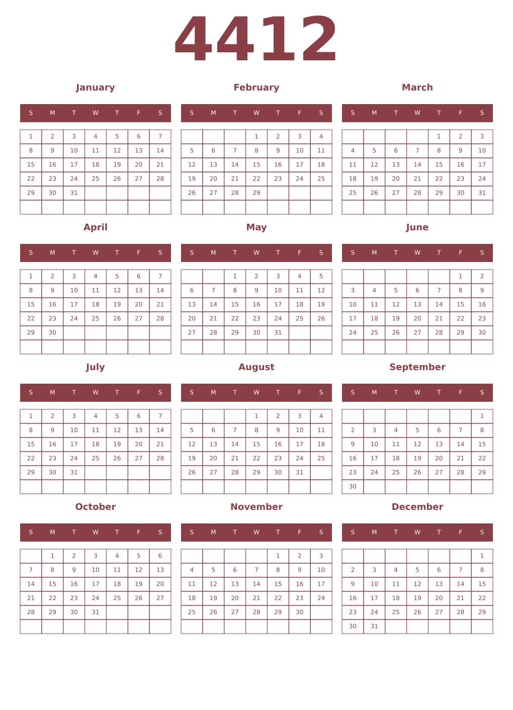Printable 4412 Year Calendars cordovan