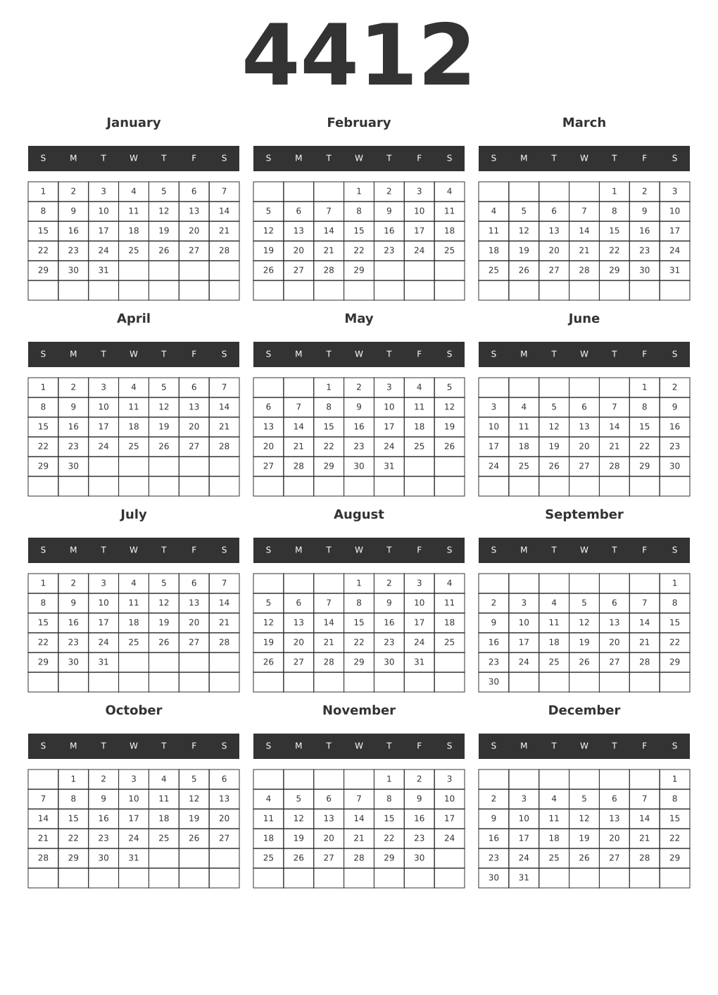 Printable 4412 Year Calendars dark