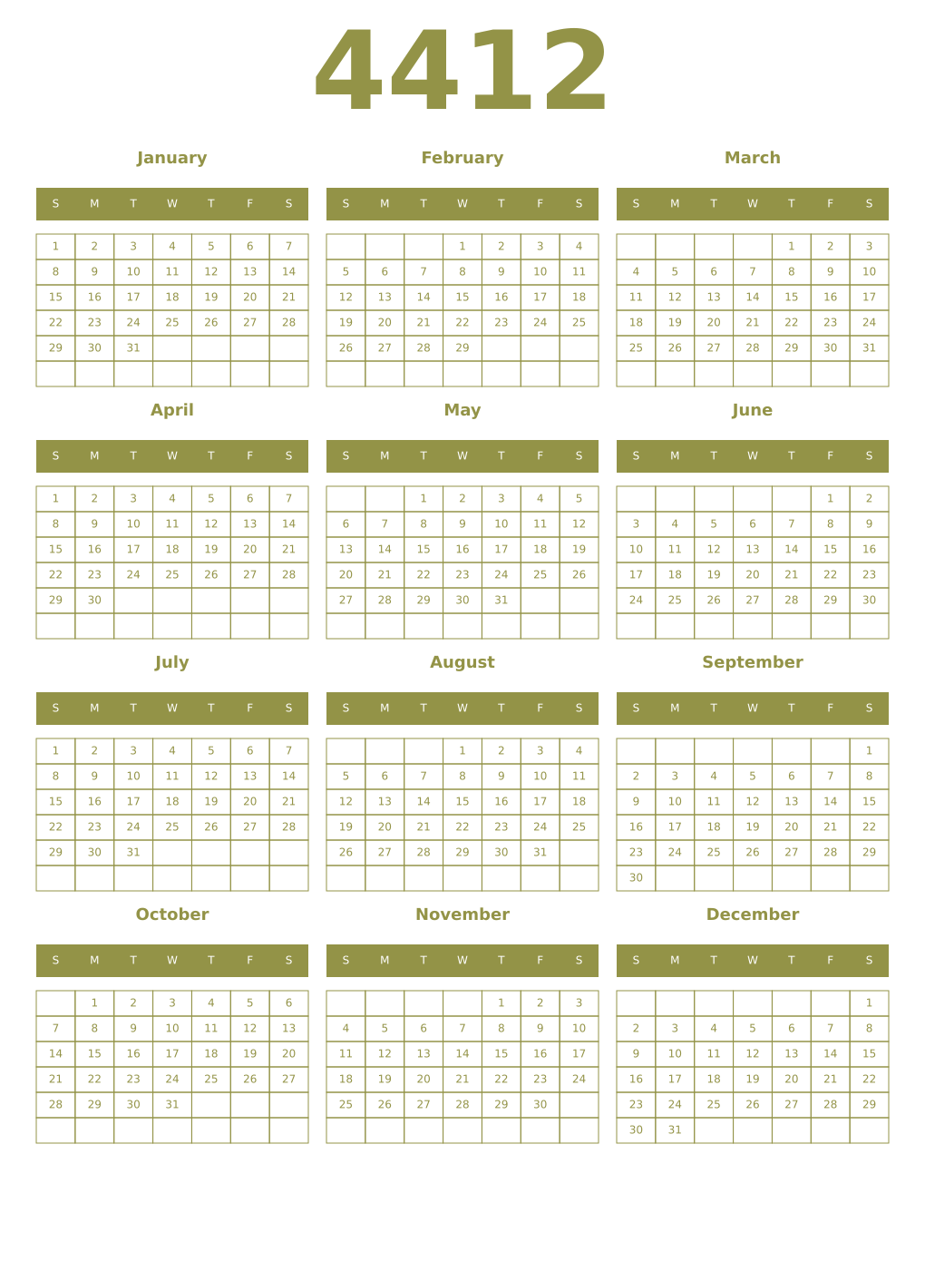 Printable 4412 Year Calendars eburnean