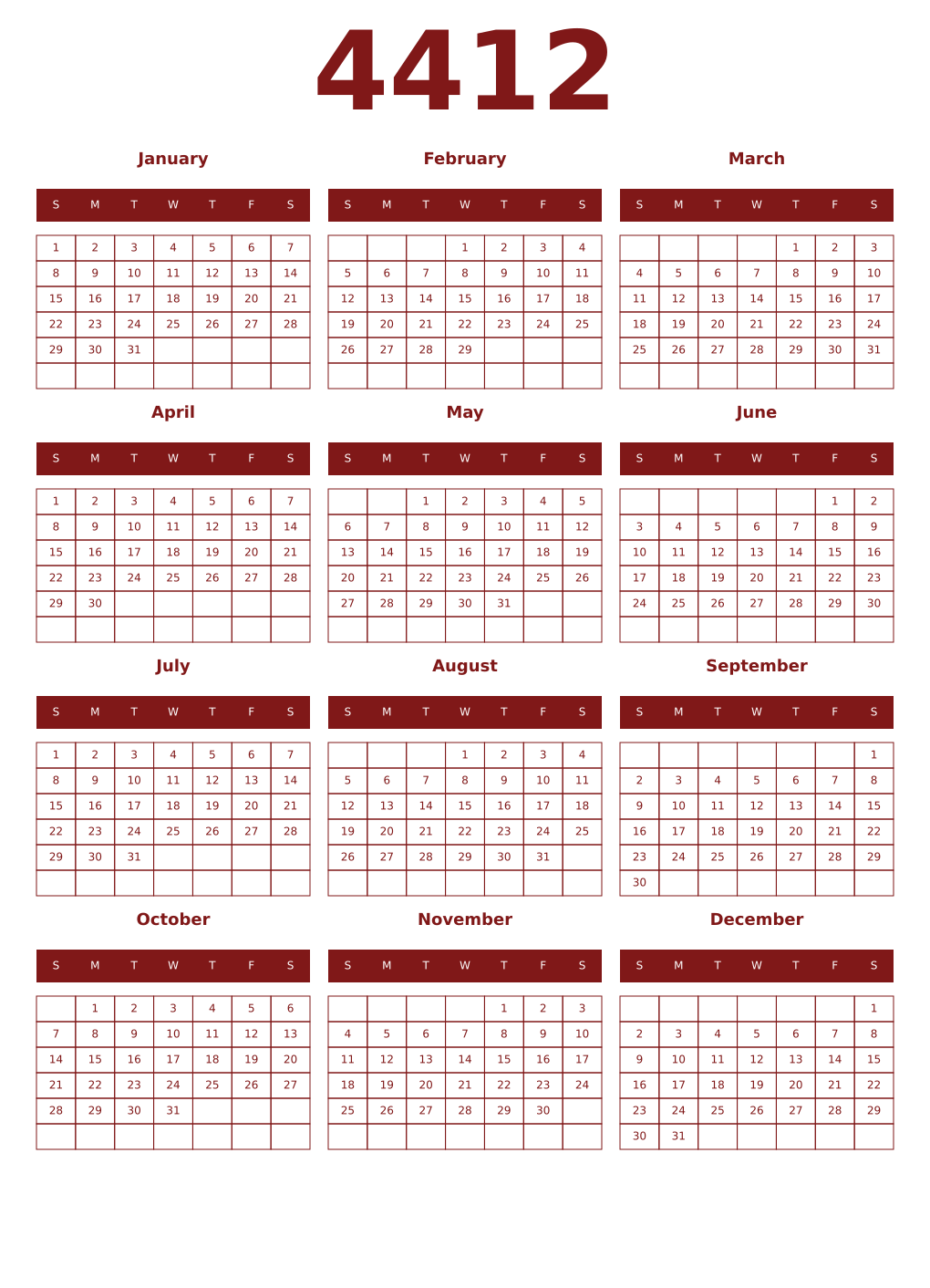 Printable 4412 Year Calendars falu