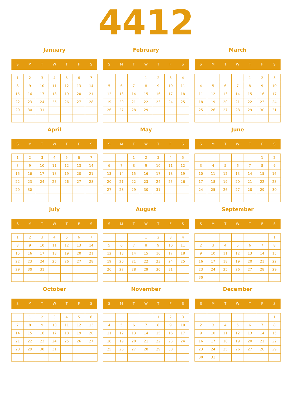 Printable 4412 Year Calendars gamboge