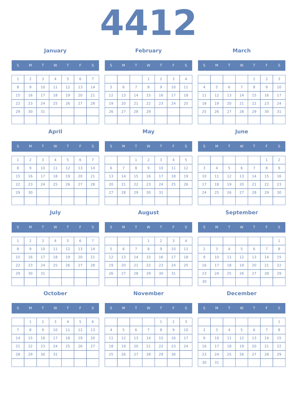 Printable 4412 Year Calendars glaucous