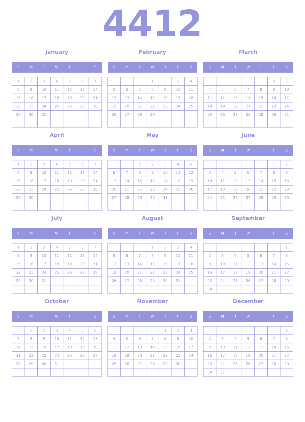 Printable 4412 Year Calendars periwinkle