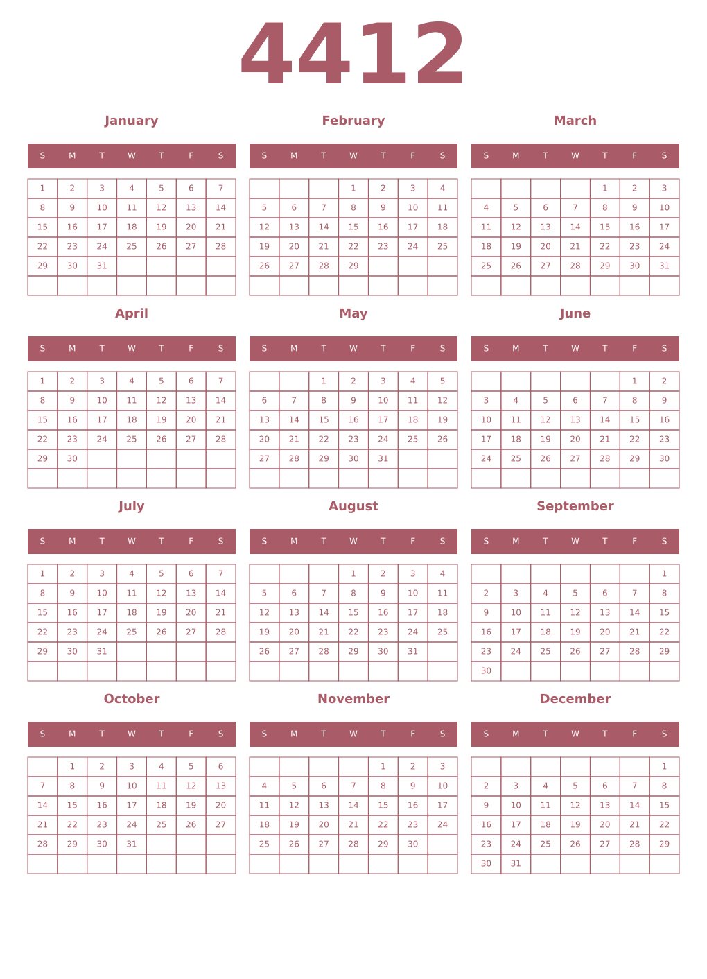 Printable 4412 Year Calendars puce