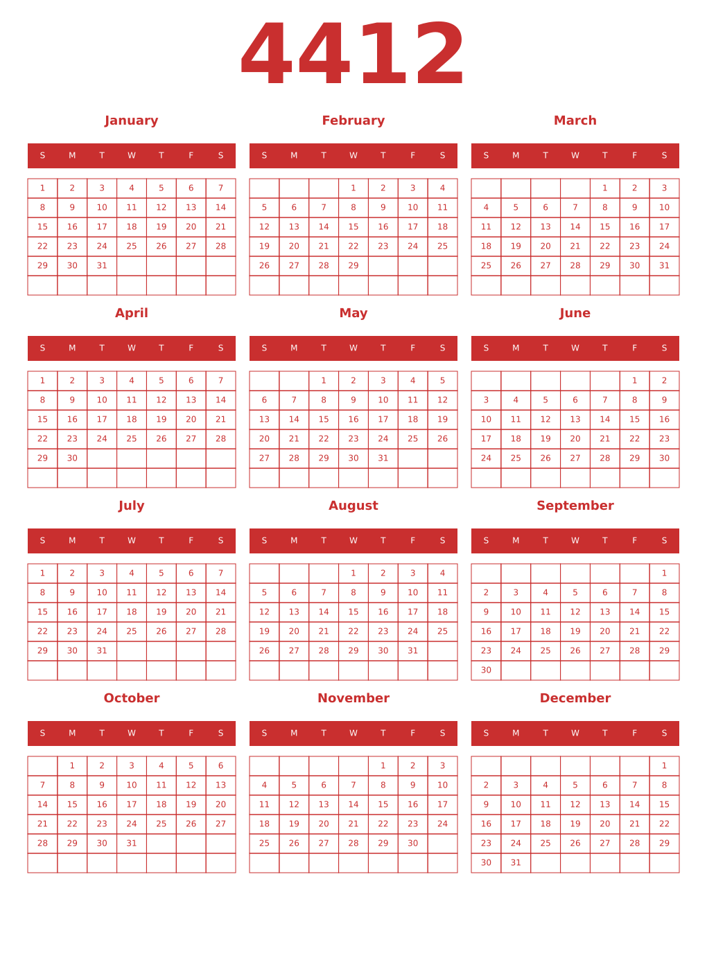 Printable 4412 Year Calendars red