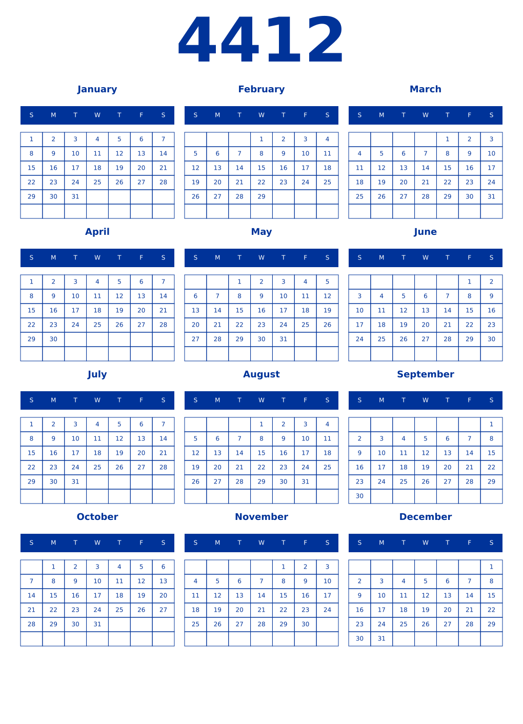 Printable 4412 Year Calendars smalt