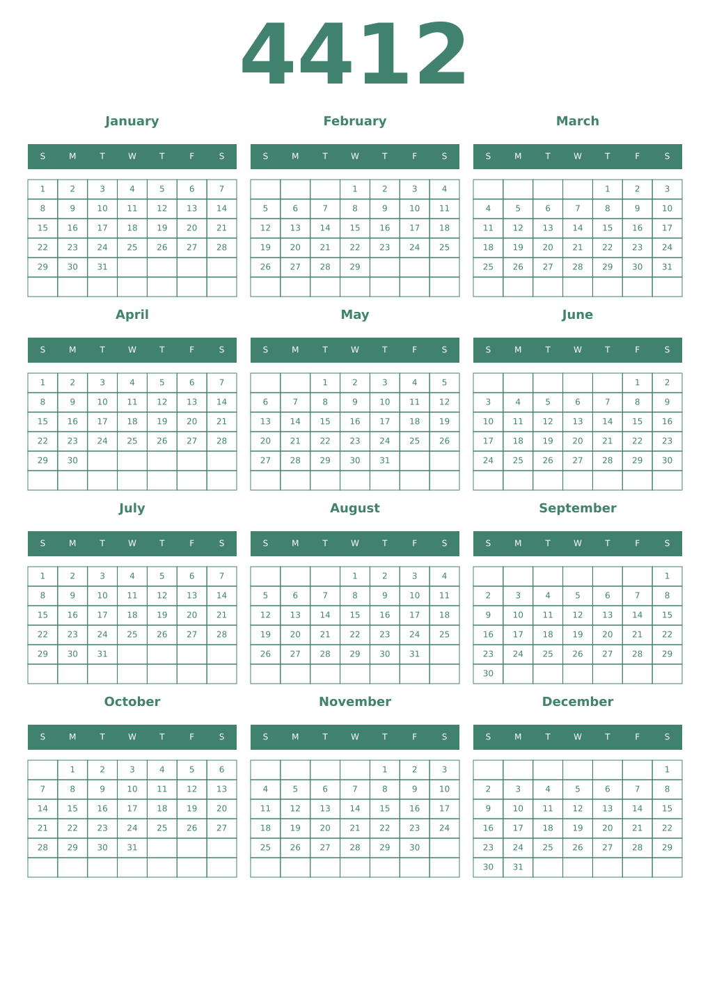 Printable 4412 Year Calendars viridian
