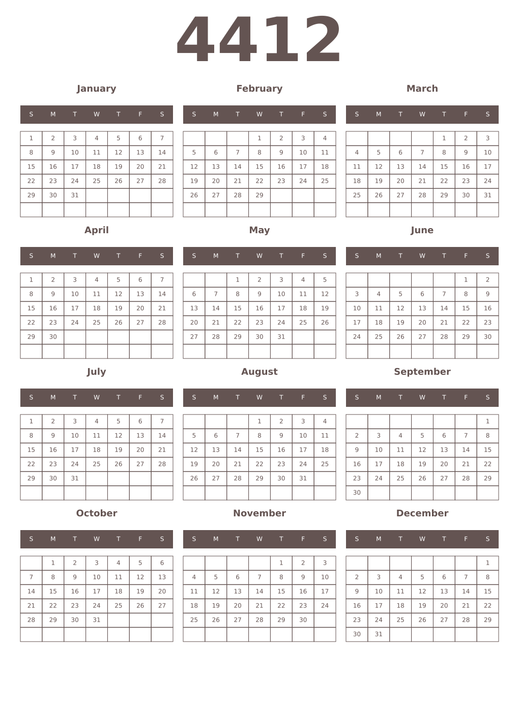 Printable 4412 Year Calendars wenge