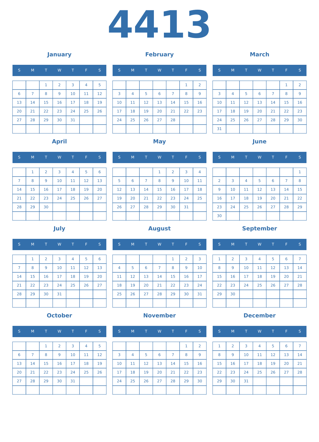 Printable 4413 Year Calendars blue