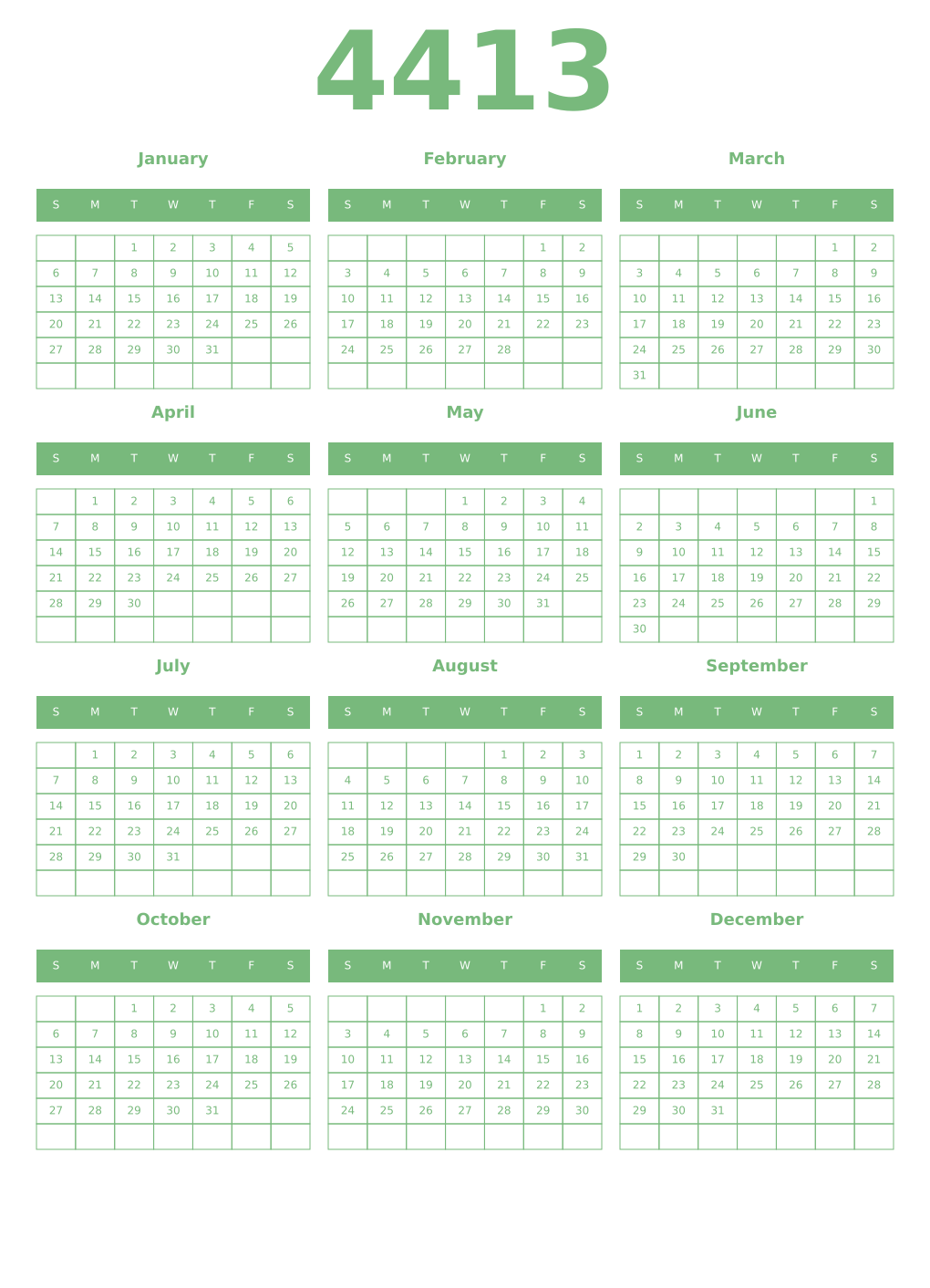 Printable 4413 Year Calendars celadon