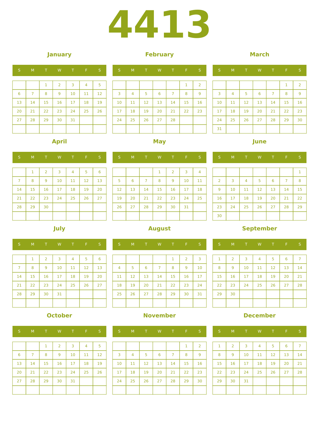 Printable 4413 Year Calendars chartreuse