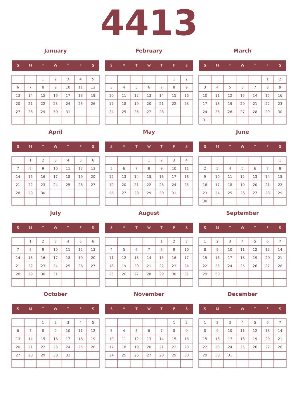 Printable 4413 Year Calendars cordovan