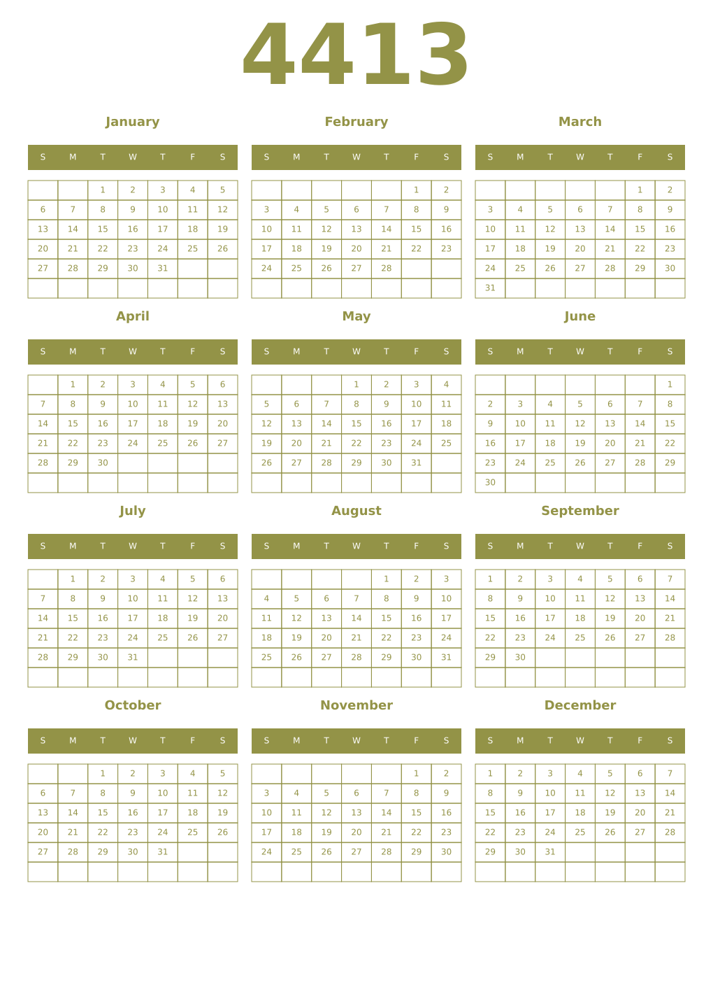 Printable 4413 Year Calendars eburnean