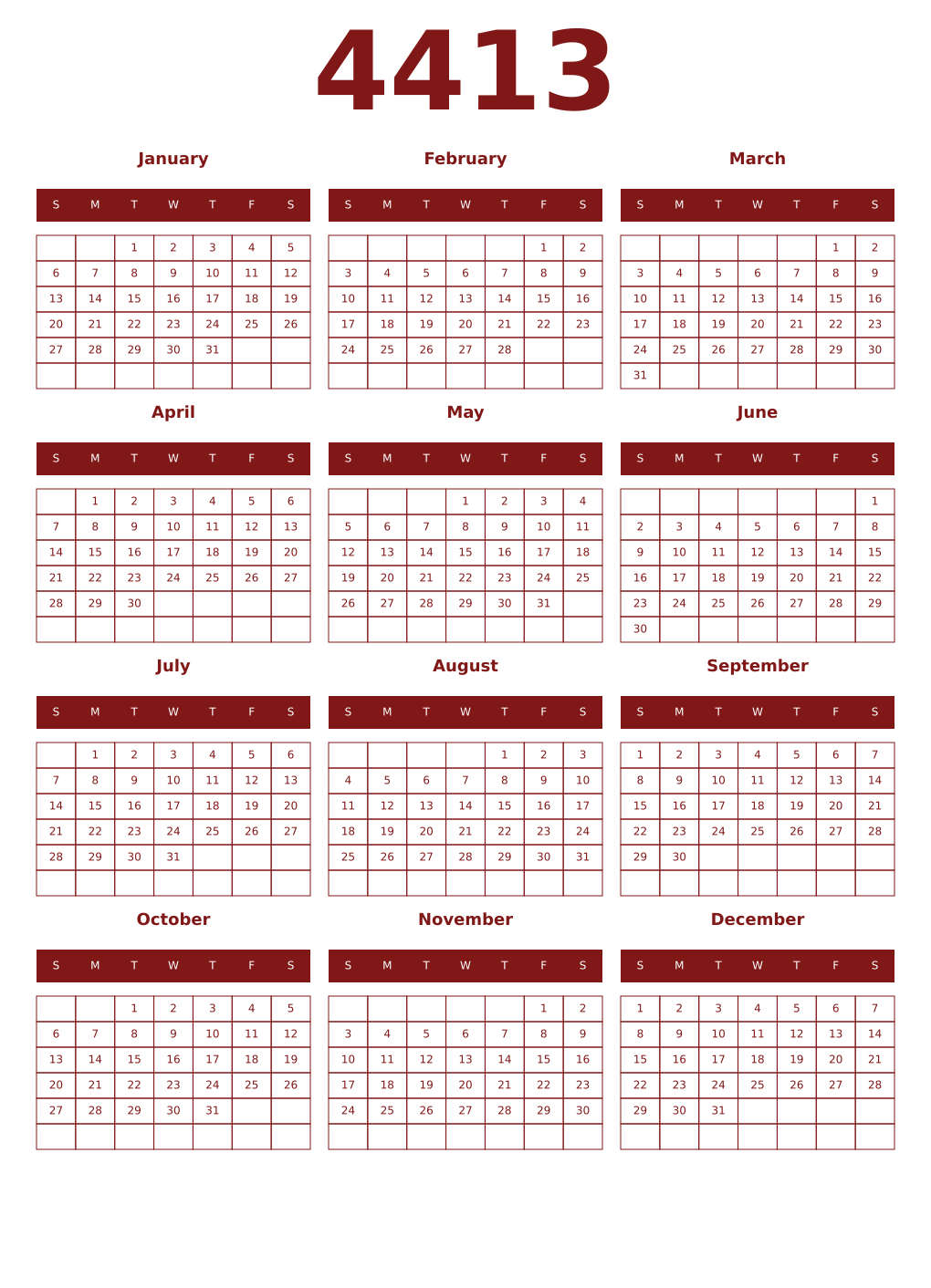 Printable 4413 Year Calendars falu