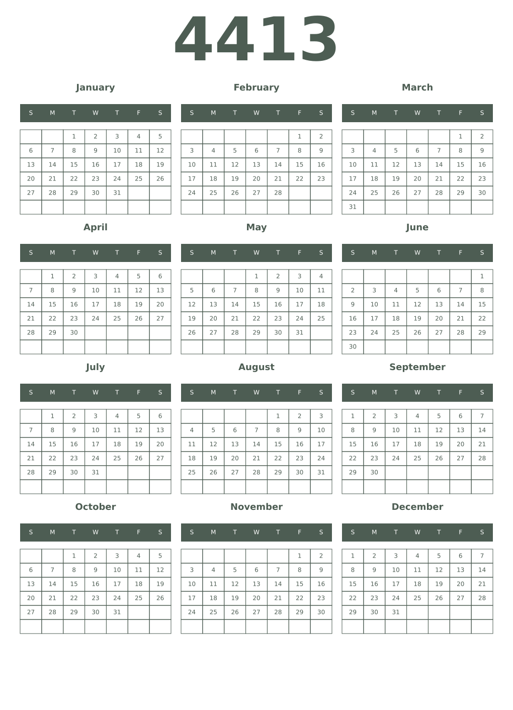 Printable 4413 Year Calendars feldgrau
