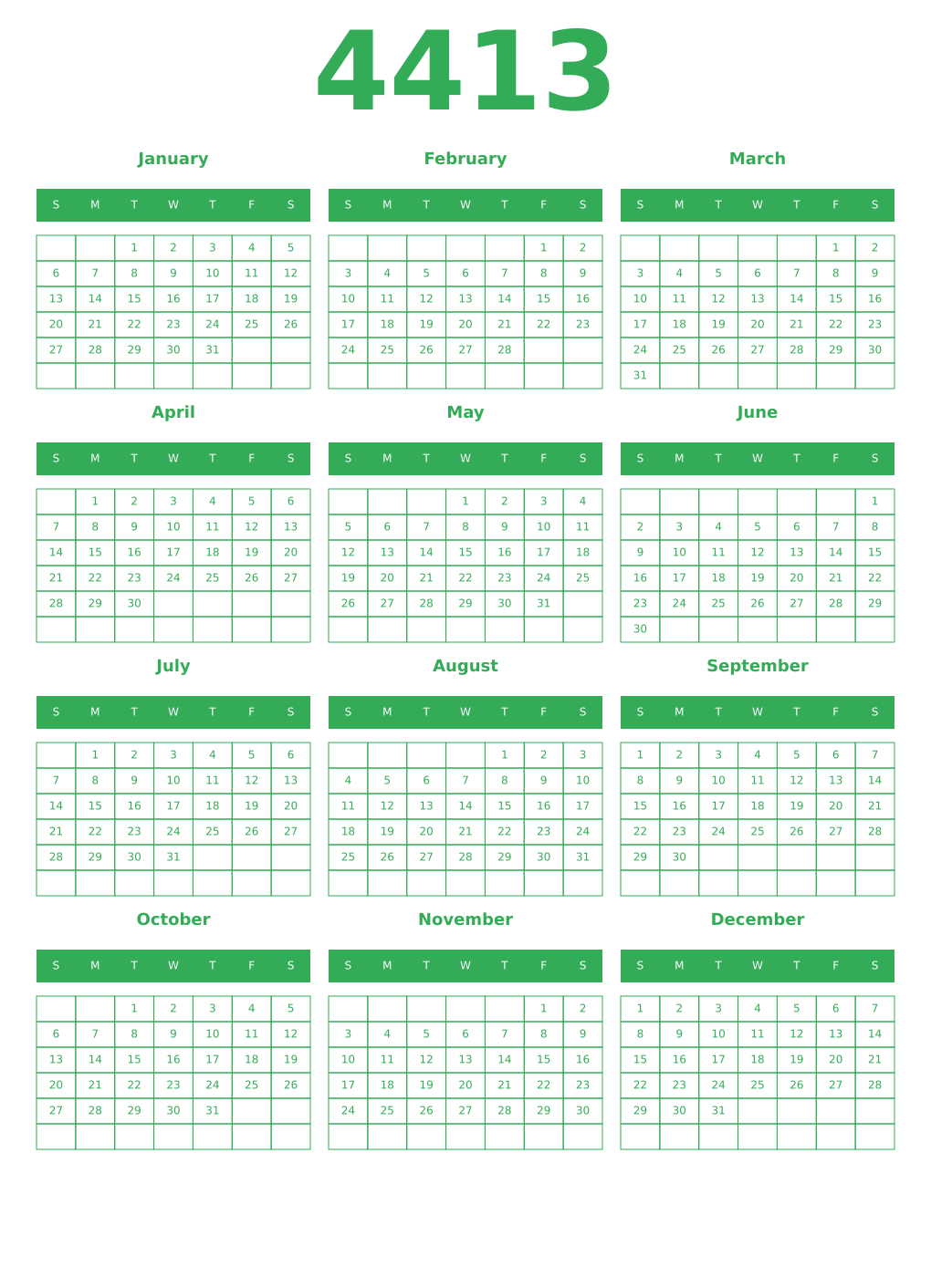 Printable 4413 Year Calendars green