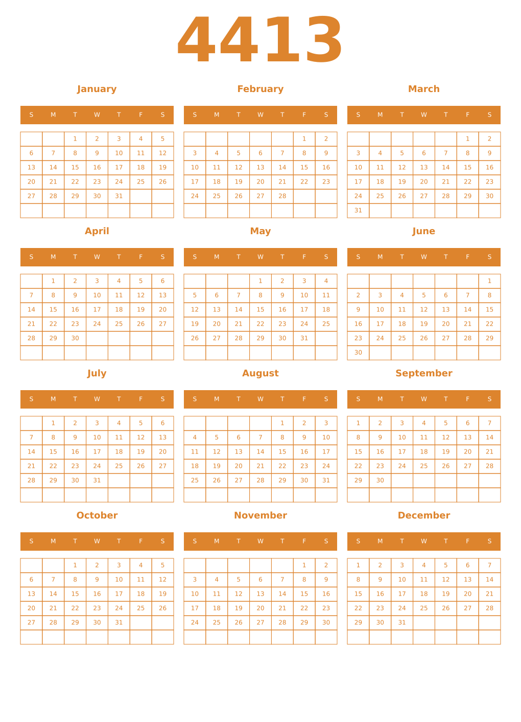 Printable 4413 Year Calendars orange