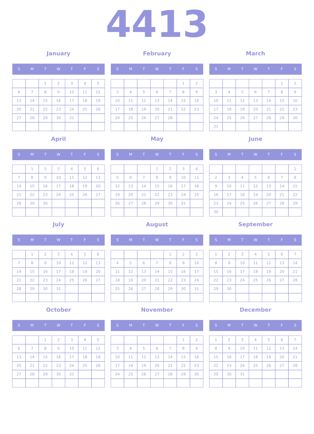 Printable 4413 Year Calendars periwinkle