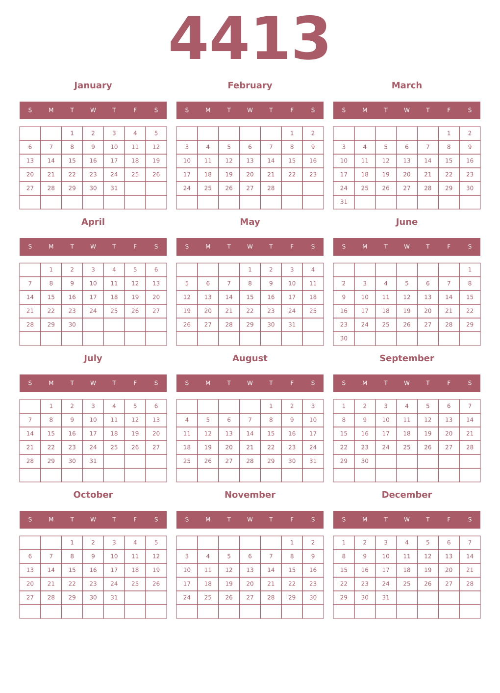 Printable 4413 Year Calendars puce