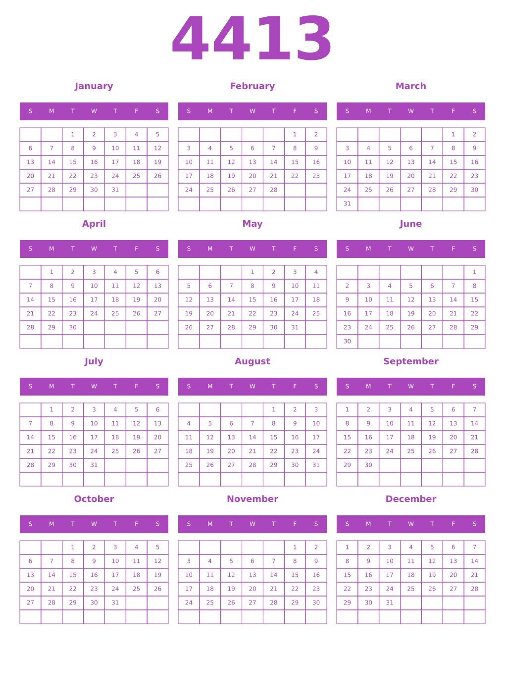 Printable 4413 Year Calendars purple