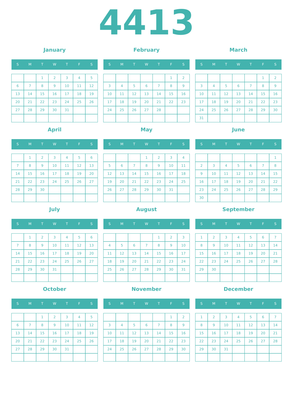 Printable 4413 Year Calendars verdigris