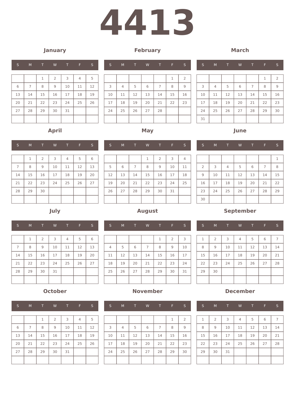 Printable 4413 Year Calendars wenge