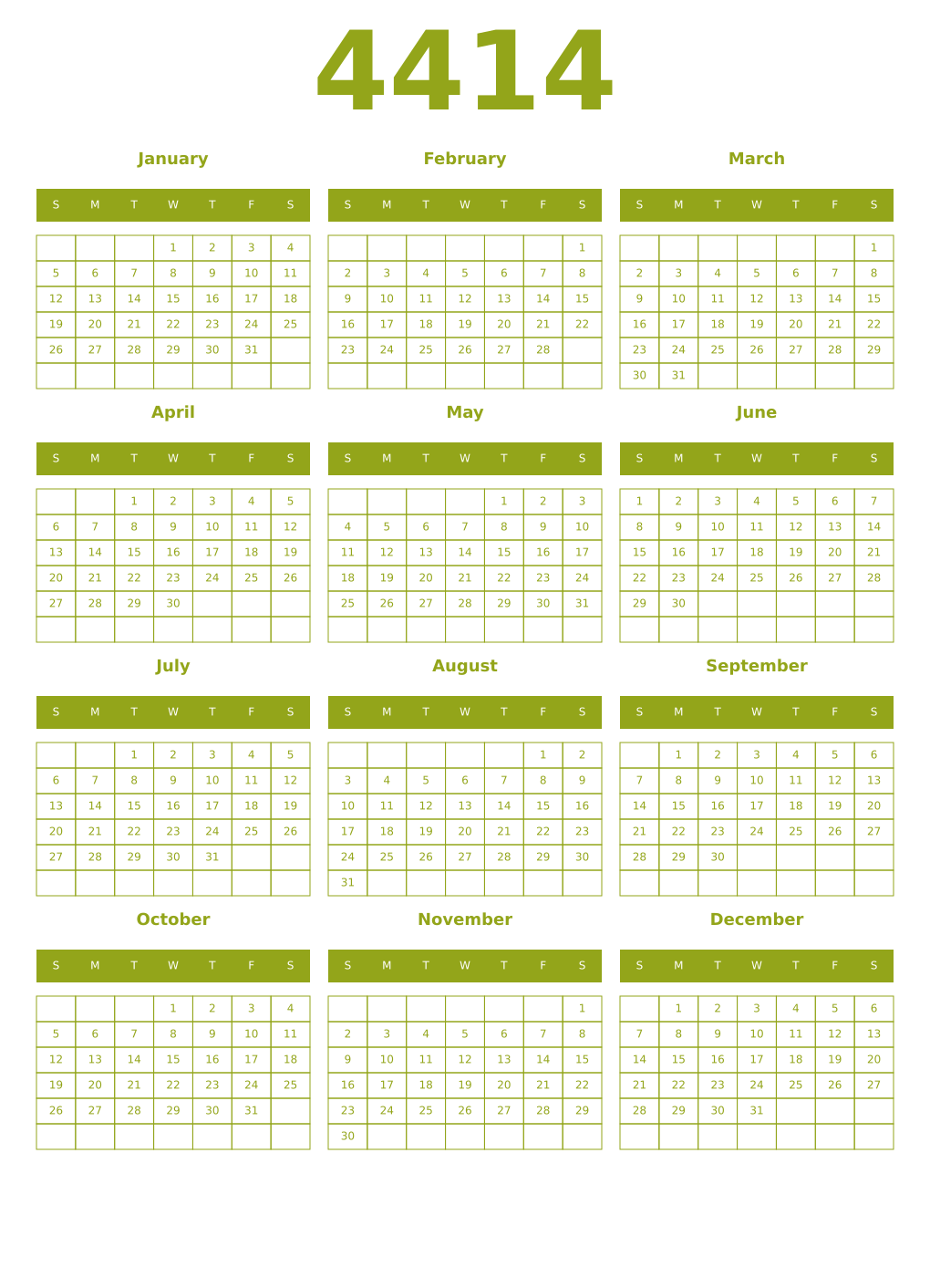 Printable 4414 Year Calendars chartreuse