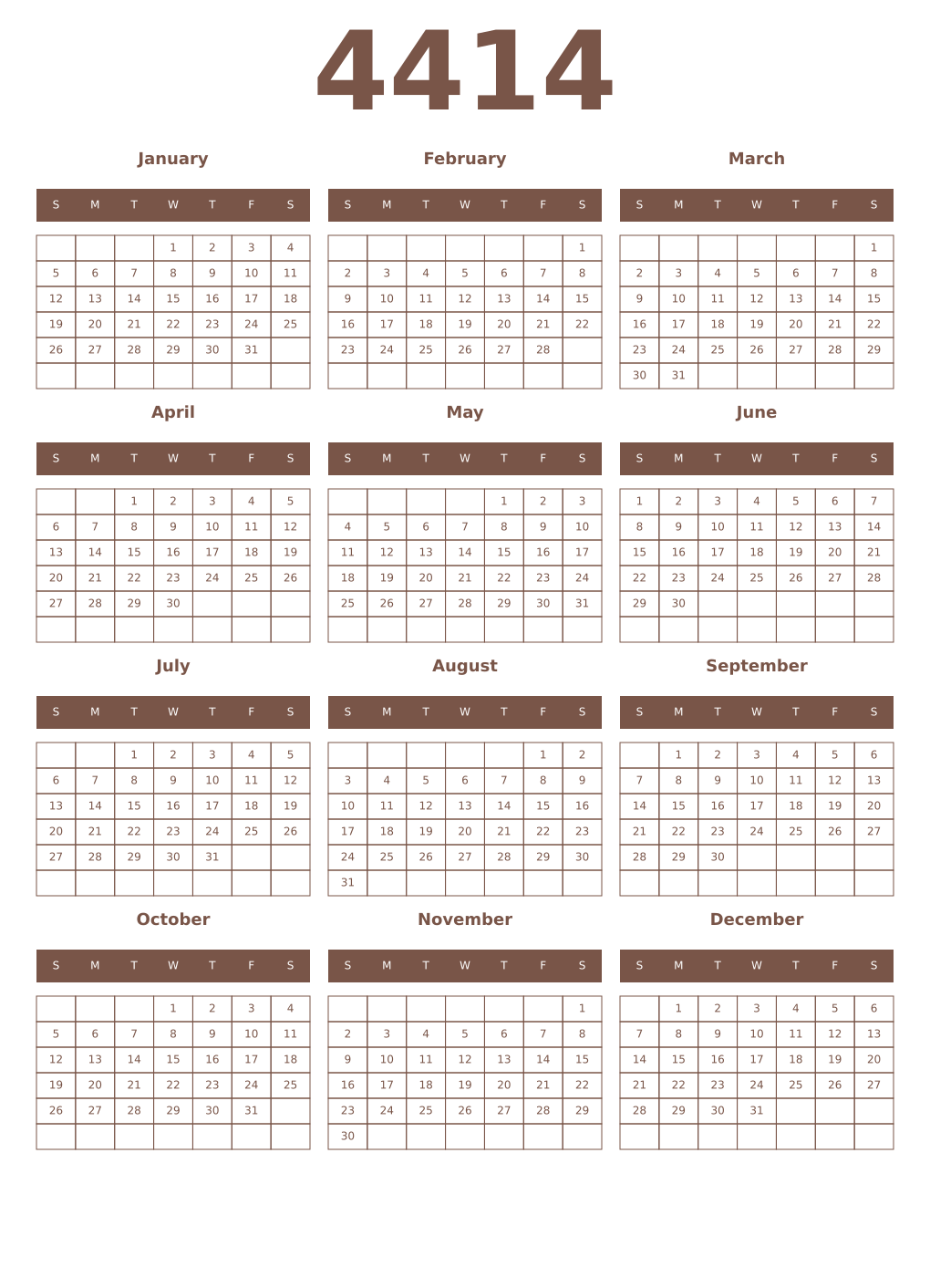 Printable 4414 Year Calendars coffe