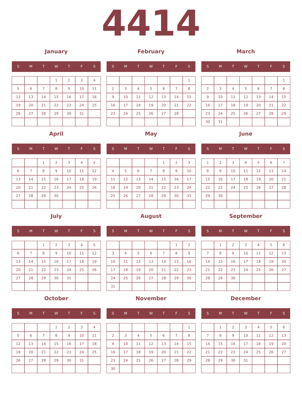 Printable 4414 Year Calendars cordovan