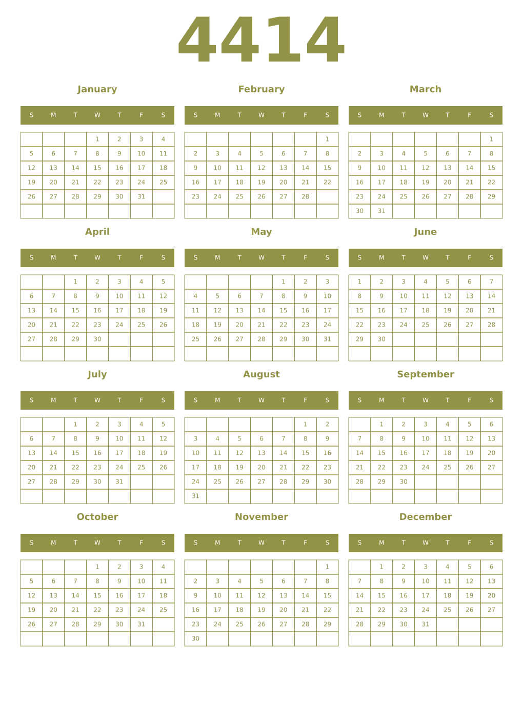 Printable 4414 Year Calendars eburnean