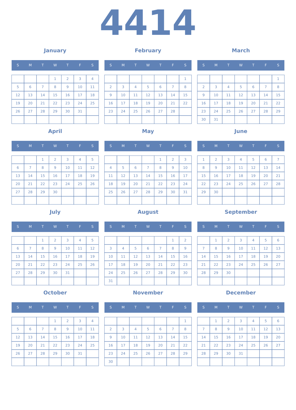 Printable 4414 Year Calendars glaucous