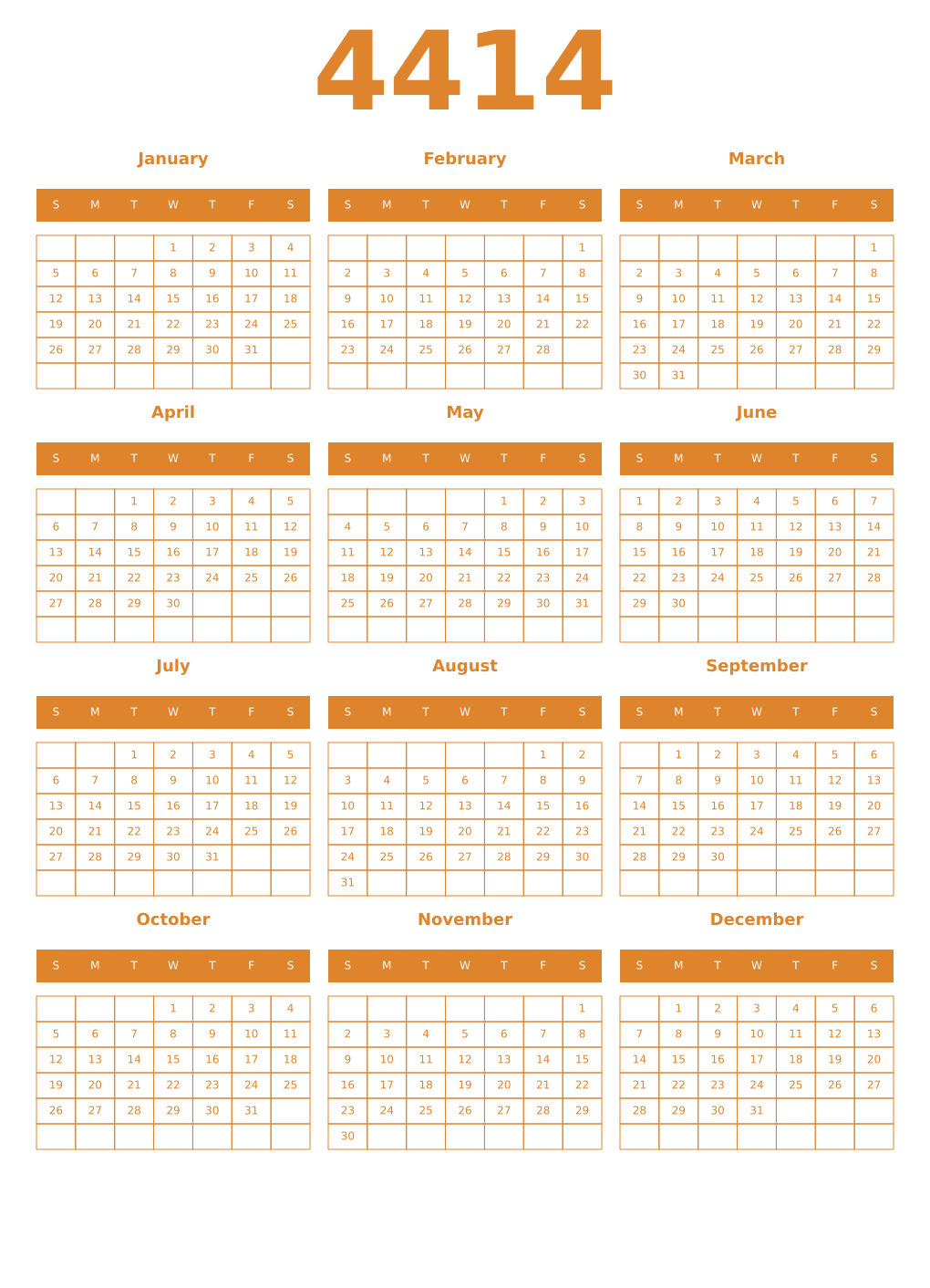 Printable 4414 Year Calendars orange