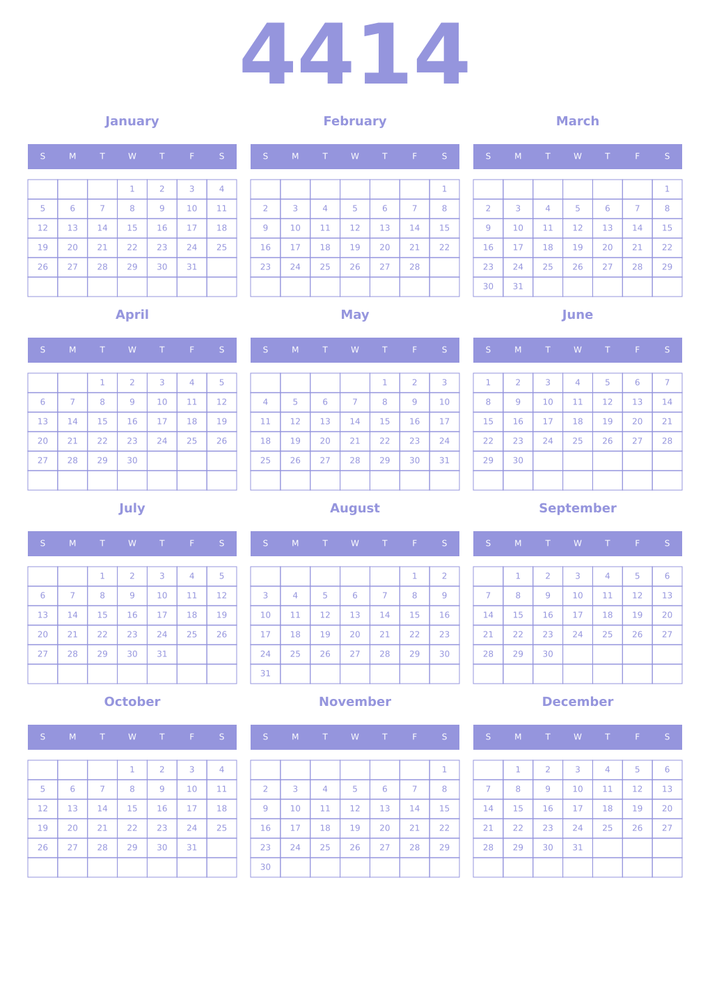 Printable 4414 Year Calendars periwinkle