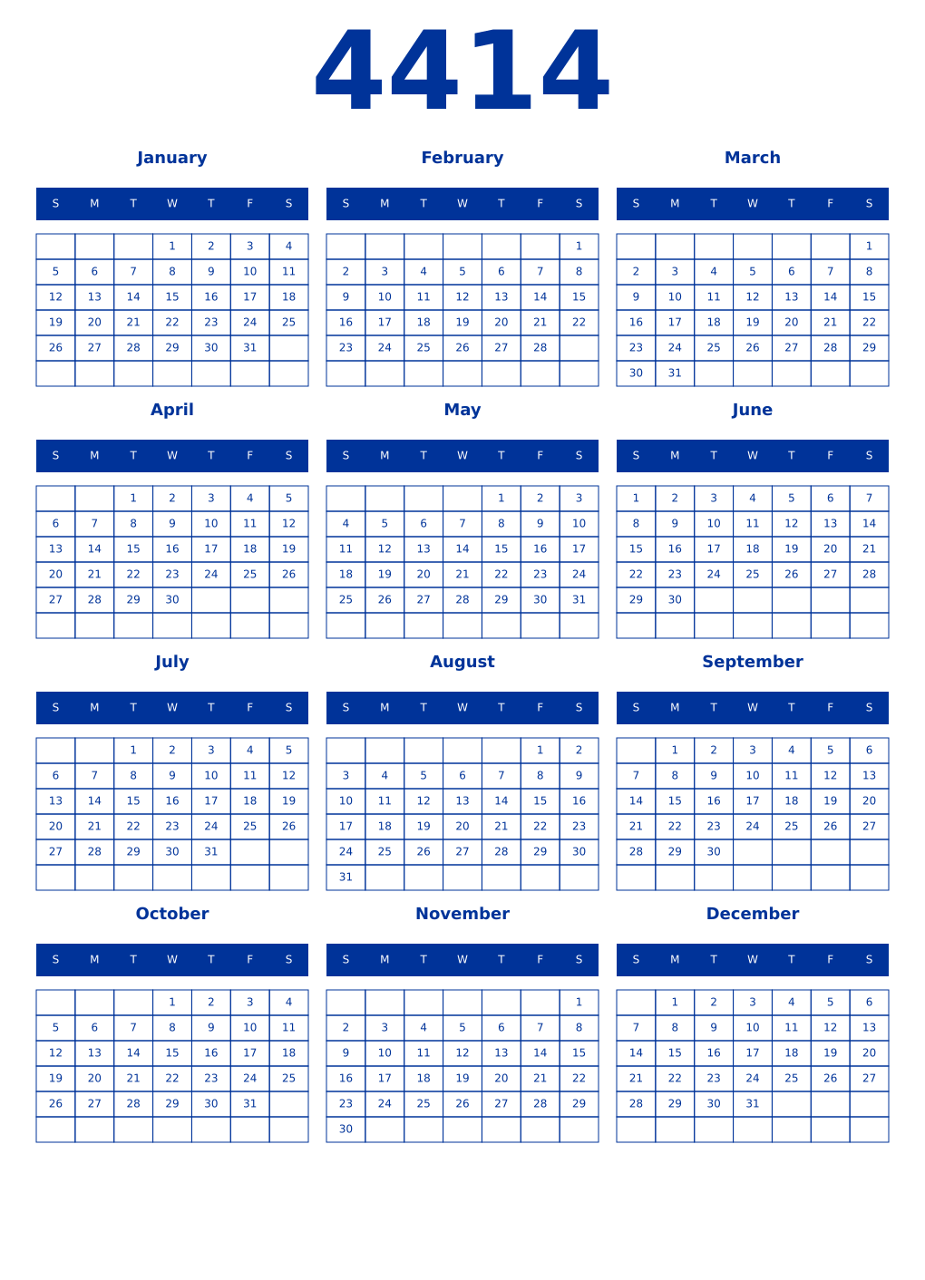 Printable 4414 Year Calendars smalt