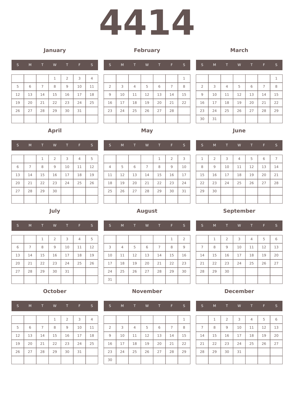 Printable 4414 Year Calendars wenge
