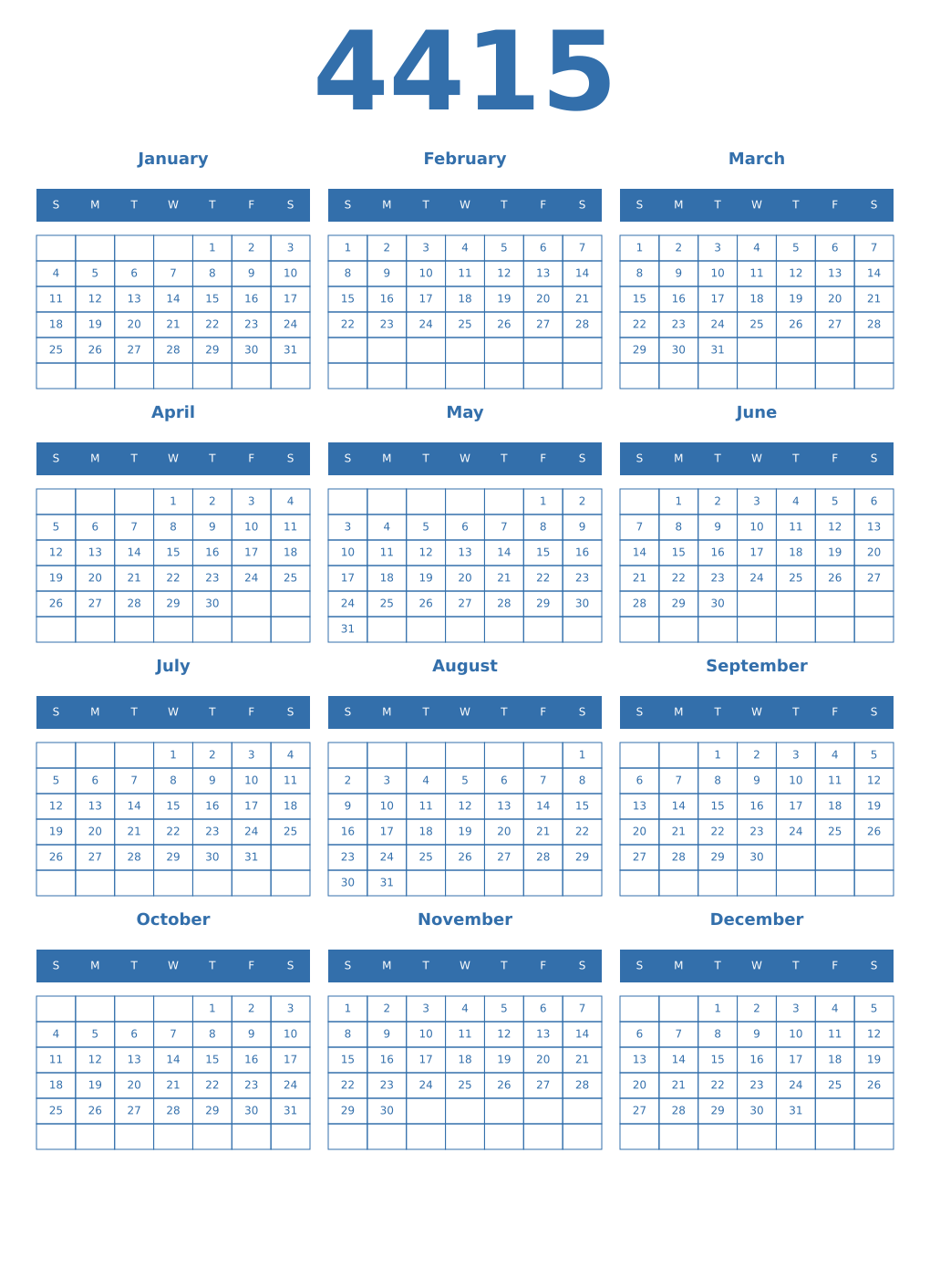 Printable 4415 Year Calendars blue