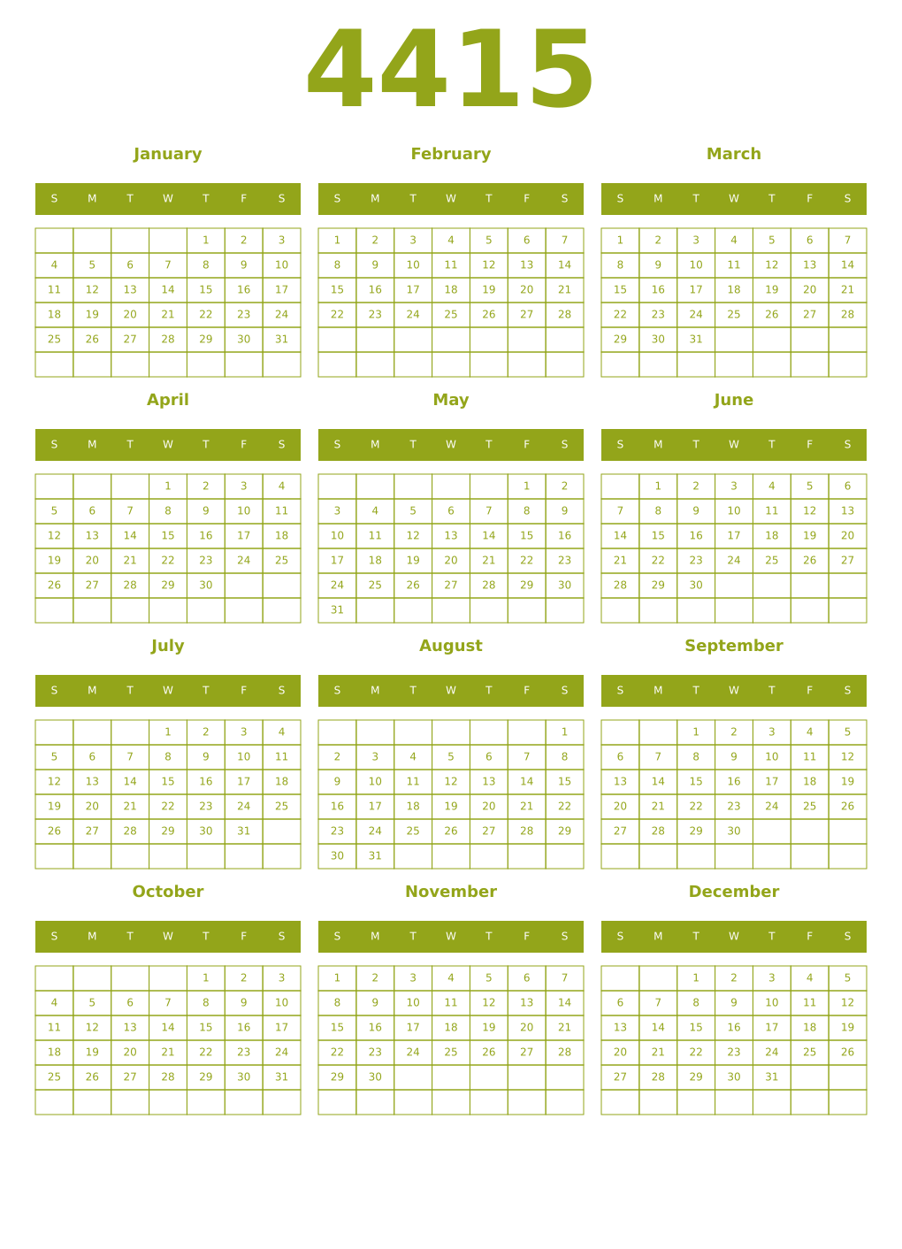Printable 4415 Year Calendars chartreuse