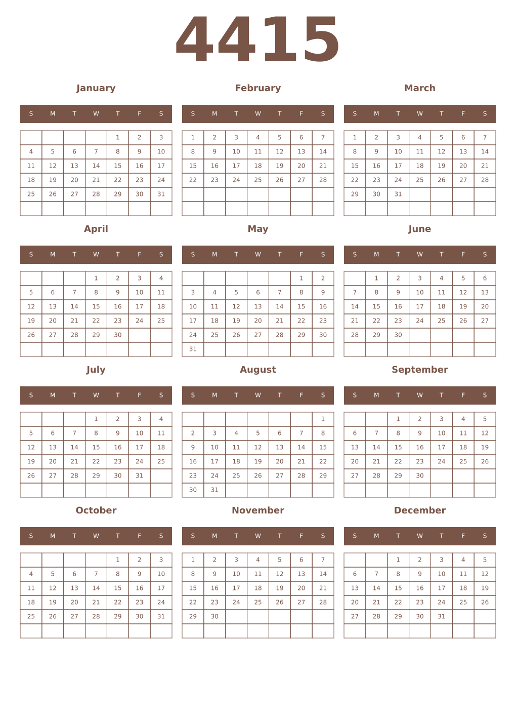 Printable 4415 Year Calendars coffe
