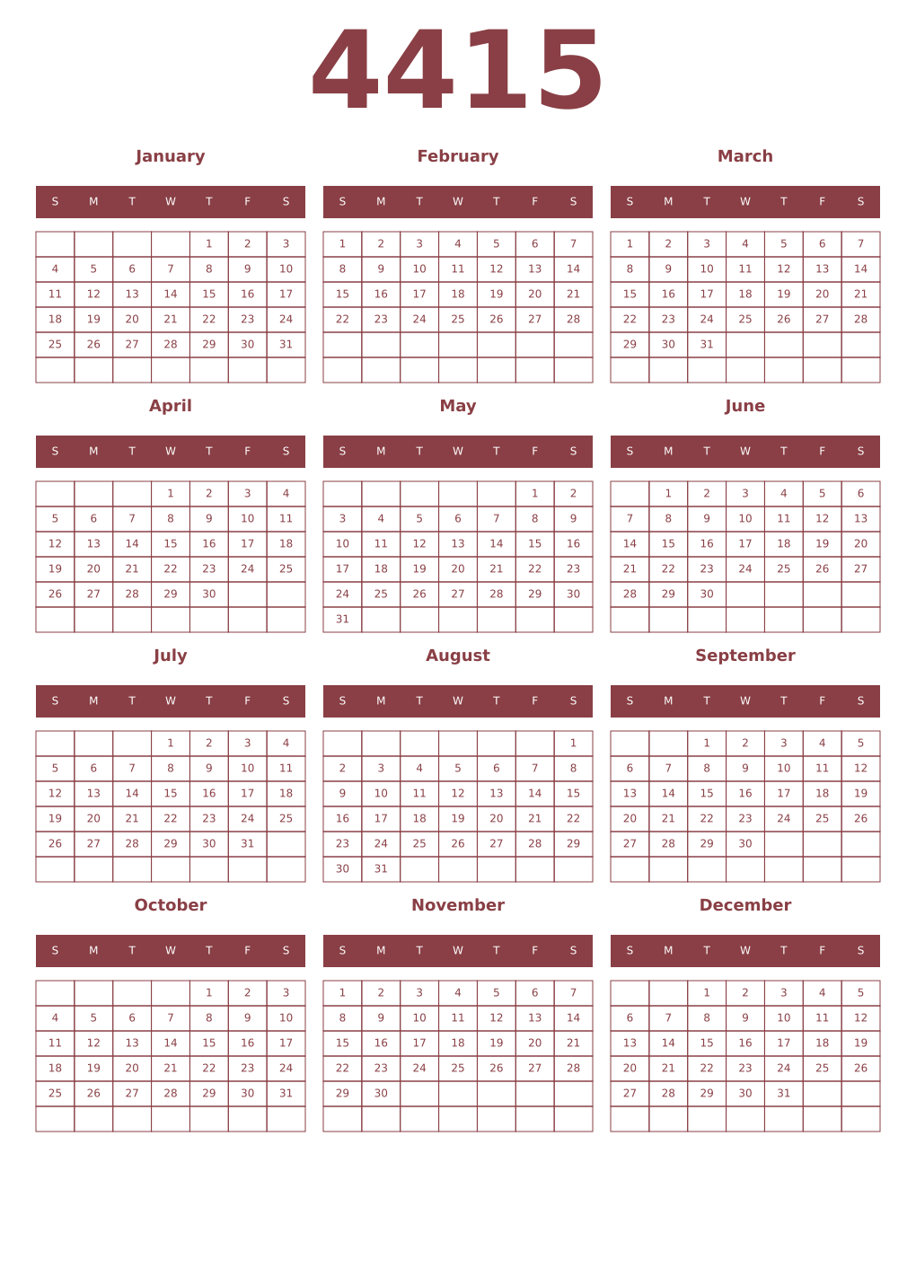 Printable 4415 Year Calendars cordovan