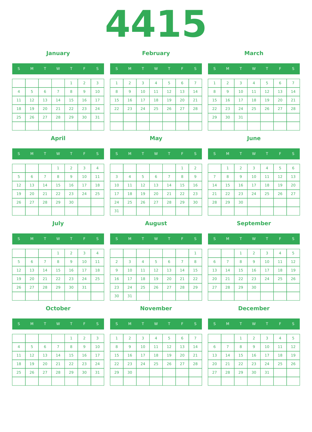 Printable 4415 Year Calendars green